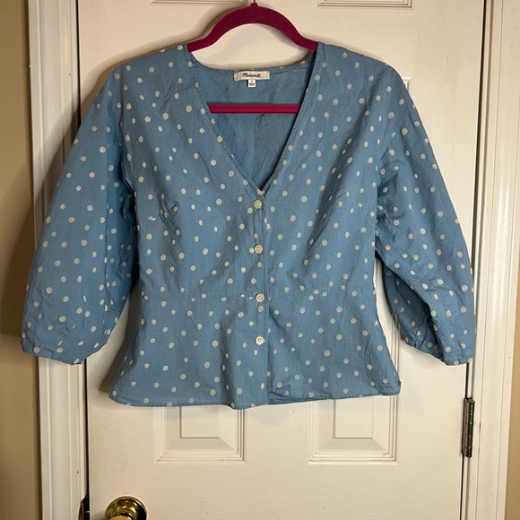 Madewell * Top Soft Blue with White Polka Dots Size 0 - Picture 1 of 6
